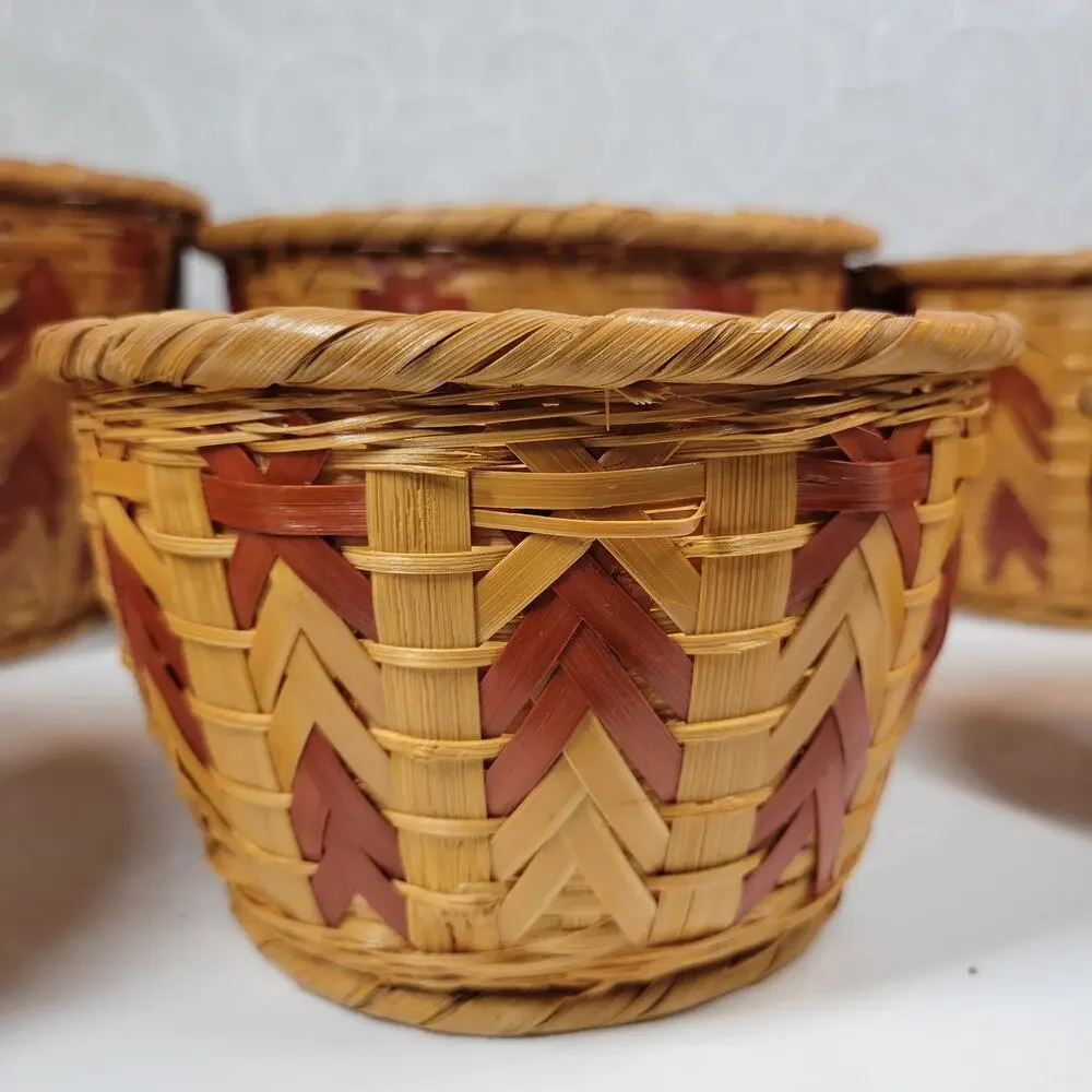 6 VTG Nesting Wicker Baskets Tan Brown Woven Chevron Boho Baskets Cottage Core